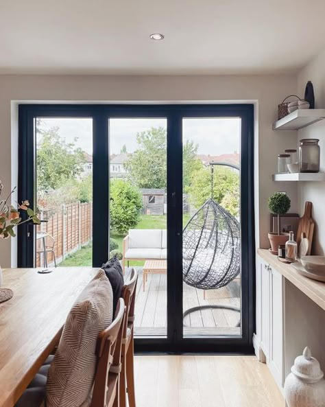 athomewithfran on Instagram: "bi-fold door transformation 💫 the old doors were knackerd and let in so much draft so we decided to replace them ahead of winter. We decided to go with the exact same but in black and I’m in love, they make such a statement now 🖤 Doors and windows are from local suppliers and fitters (black aluminium bifold doors) #transformationtuesday #blackbifolds #bifolddoors #kitchendoor #kitchendoors #crittalldoors #blackdoors #bifold #bifoldingdoors #bifolds #homeimprovem Bifold Doors Small Kitchen, 2 Door Bifold, Small Bifold Doors Onto Patio, Bifold Doors Onto Deck, Small Bifold Doors, Black Bifold Doors, Bifold Doors Kitchen, Bifold Exterior Doors, Black Patio Doors