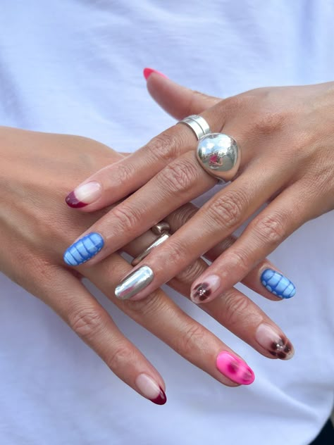 When you can't decide so you get them all ✨ Pick n Mix by the talented Cecile 💙 To Book: Gel Mani Full Works + Level 1 Nail Art #shoreditchnails #cecileshoreditchnails #shoreditchnailstudios #chromenails #snakeprint #frenchtipnails #thegelbottle #biabjourney #biab #biabnails Simple But Cool Nail Designs, Pick And Mix Nails, Peggy Gou Nails, Mix Match Nail Designs, Mixed Nail Designs, Different Colour Nails, The Gel Bottle Inc Nails, Street Style Nails, Aesthetic Y2k Nails