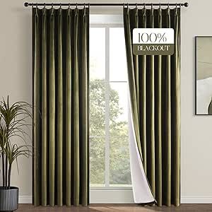 Topfinel Olive Green Velvet Blackout Curtains 84 Inches Long, 100% Blackout Pinch Pleated Dark Green Boho Thermal Insulated Back Tab Curtains for Living Room Bedroom, Retro Drapes with Hooks Rings Brown Velvet Curtains, Brown Curtains, Decorative Curtains, Decor Curtains, Curtains For Bedroom, Insulated Curtains, Rod Pocket Curtain Panels, Soft Classic, Velvet Curtains