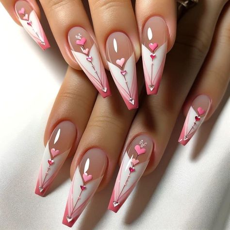 Valentine Stellito Nails, Beautiful French Nail Designs, Love Nail Art Designs, Unusual Valentines Day Nails, Valentine's Nail Ideas, Valentines Day Nails Coffin Shape, Stylish French Nails, Heart Acrylic Nail Designs, Heart Design Nail Art