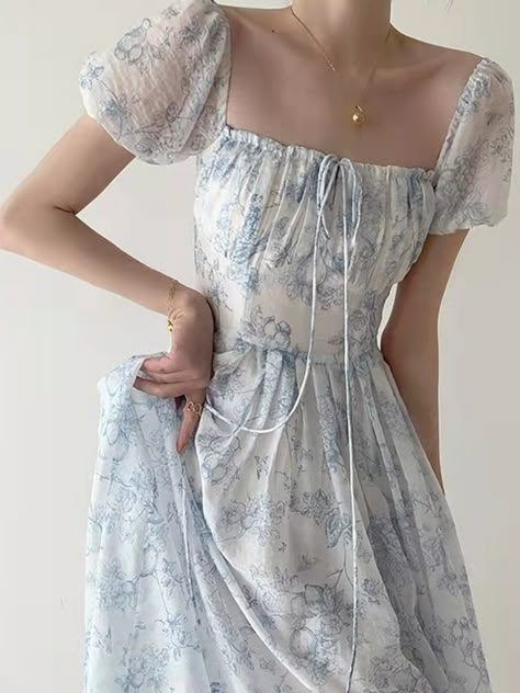 Trizchor New Women's Summer Floral Print Midi Dress Short Sleeve Elega – Trizchlor Porcelain Dress, Shabby Chic Dress, 파티 드레스, Dress Cottagecore, Cottagecore Fashion, Cottagecore Dress, Floral Print Midi Dress, Midi Short Sleeve Dress, Printed Midi Dress