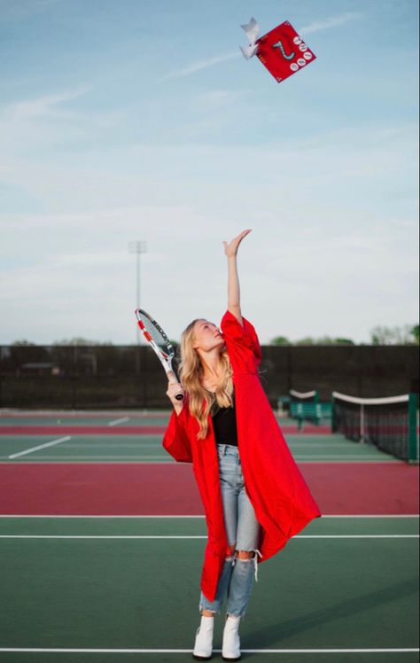 Senior Picture Tennis Ideas, Tennis Senior Portraits, Tennis Sr Pictures, Senior Picture Ideas For Guys Tennis, Tennis Portrait Photography, Tennis Senior Picture Ideas, Tennis Senior Banner Poses, Graduation Pictures Sports, Tennis Graduation Pictures