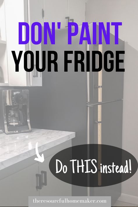 Looking to update your fridge? Everyone's go-to idea is to paint it, but this easy DIY is so much easier, inexpensive and looks so good! Check out how to do it! Painting Your Fridge, Contact Paper On Fridge Diy, Fridge Update Diy, Painting A Fridge Diy, Redo Fridge Ideas, How To Paint Fridge, Refrigerator Painting Ideas, How To Cover Dents On Fridge, Painted Fridge Ideas