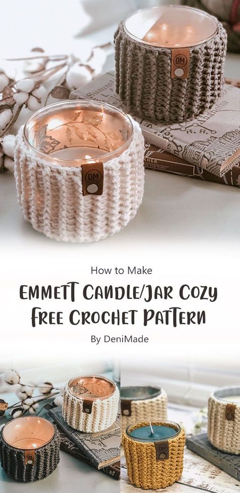 Are you looking for a fun, fast and free crochet project? Look no further. This little Emmett Candle/Jar cozy will keep your candles safe and looking pretty. You can use this pattern to make your own jar cozy. Candle Jar Decorating Ideas, Farmhouse Granny Square, Crochet Candle Holder Pattern, Crochet Candle Cozy, Blanket Crochet Ideas, Jar Decorating Ideas, Crochet Candle Holder, Granny Square Blanket Crochet, Crochet Candle