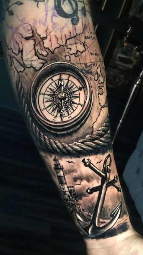 Anchor Sleeve Tattoo, Anchor Compass Tattoo, Nautical Sleeve, Nautical Compass Tattoo, Nautical Tattoo Sleeve, Mother And Son Tattoo, Hand Tatto, Red Tattoo Ideas, Anchor Tattoo Design