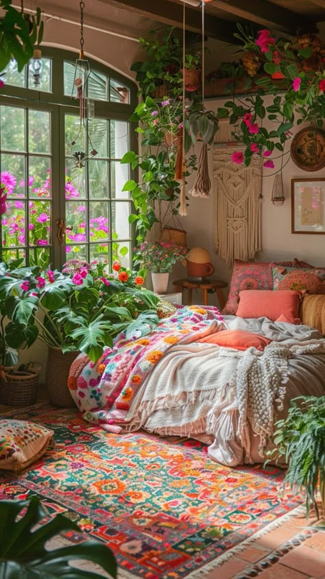 Natural Life Bedroom, Pink Plant Room, Hippie House Aesthetic, Colorful Bohemian Bedroom Decor, Colorful Boho Bedroom Ideas, Bedroom Ideas Women, Cozy Eclectic Bedroom, Happy Bedroom, Colorful Boho Bedroom