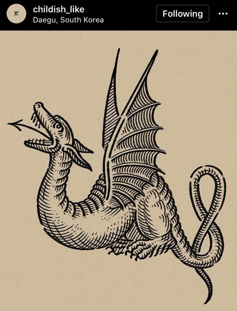 Medieval Marginalia Tattoo, Winged Serpent Tattoo, Medieval Art Dragon, Medieval Monsters Illustrations, Woodcut Dragon Tattoo, Medieval Dragon Drawing, Medieval Dragon Art, Medieval Dragon Illustration, Line Dragon Tattoo