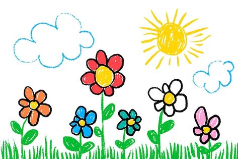 Vector child drawing flowers and sky pai... | Premium Vector #Freepik #vector #painting #hand-made #hand-drawing #hand-draw Sun And Flowers Drawing, Hand Painting Kids, Nursery Branding, Draw Sun, Vector Painting, Drawing Children, Drawing Sky, Child Drawing, Bad Drawings