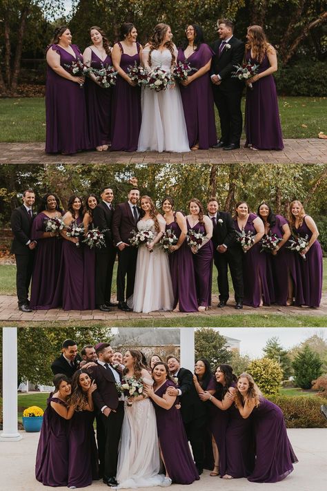 Purple Wedding Theme & Aesthetic | Wedding Party Photos | PA Wedding Photographer | Nina & Lee had such a fun, big Jewish wedding in Pennsylvania. See more wedding party photos, purple wedding aesthetic, plum bridesmaid dress inspo and wedding party bouquets. Book Katarina for your intimate wedding day in Pennsylvania at katarinacelinephotography.com Plum Maid Of Honor Dress, Dark Purple And Silver Wedding, Plum Bridal Party, Deep Plum Wedding Colors, Plum Purple Wedding Theme, Dark Purple Wedding Palette, Purple October Wedding, Winter Wedding With Purple, Deep Purple Wedding Colors