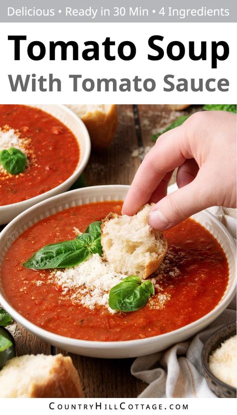 Tomato Soup With Tomato Sauce, Soup With Tomato Sauce, Easy Homemade Tomato Soup, Quick Tomato Soup, Recipe Using Tomatoes, Easy Tomato Soup Recipe, Tomato Bisque Soup, Basil Soup Recipe, Tomato Basil Soup Recipe