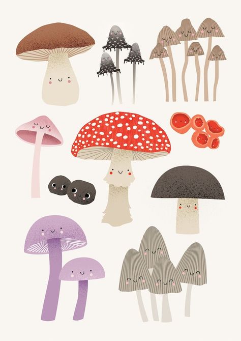 Cute Mushrooms & Fungi Mycology Art Poster Print  Bright and colorful poster print featuring a variety of mushrooms and fungi. Perfect for a natural Montessori nursery or Mushrooms Drawing Cute, Cute Mushroom Illustration, Mushroom Illustration Cute, Cute Mushroom Drawing, Mushroom Painting Ideas, Mushroom Digital Art, Mushroom Paintings, Painting Mushrooms, Vintage Mushroom Art