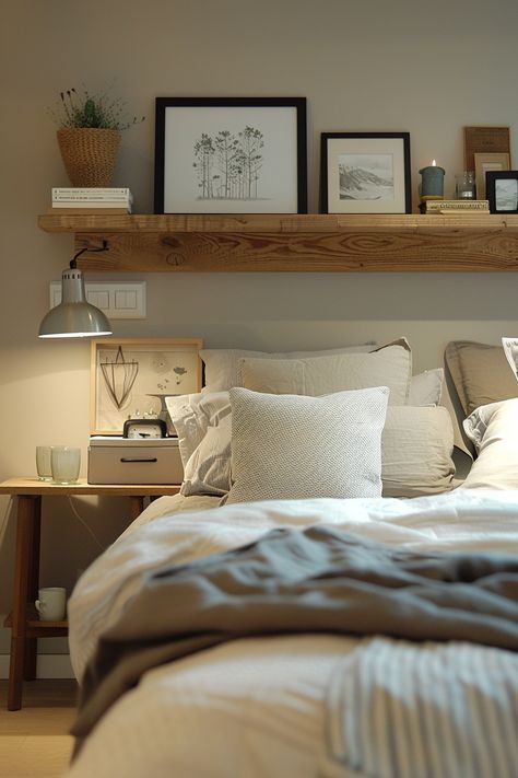 Inspiring Bedroom Wall Decor Ideas: 13 Designs To Try - DreamyHomeStyle Ikea Shelves Over Bed, Shelf For Bedside Table, Art Ledge Above Bed, Floating Picture Shelf Bedroom, Floating Shelf Over King Bed, Above Bed Picture Ledge, Shelf Over Bed With Lights, Shelf Above Queen Bed, Shelf With Picture Frames Above Bed