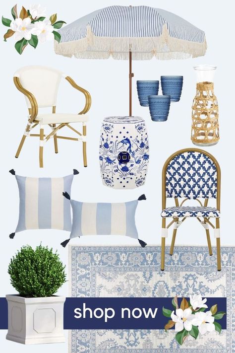 Grand millennial outdoor patio blue and white Coastal Patio Ideas, Blue Patio Decor, Grand Millennial Home, Poolside Decor, Coastal Patio, Grand Millennial Style, Beach House Interior Design, Blue Patio, Blue And White Decor