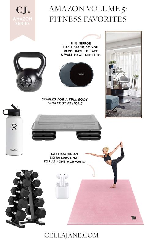 Amazon At Home Fitness Favorites | Cella Jane Pretty Workout Room, Workout Mats Home Gyms, Weight Sets Equipment At Home, Home Gym Amazon, Pretty Home Gym, Home Gym Equipment Must Have, Home Gym Set Up, Home Gym Weights, Small Home Gym Design