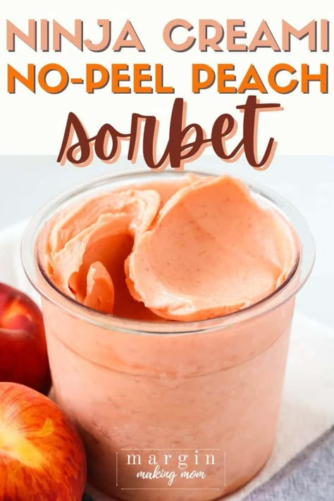 This Ninja Creami peach sorbet is made with ripe, fresh peaches, so it's bursting with that peach flavor that we all love in the summer time! As a bonus, you don't have to peel the peaches, so it's a quick and easy recipe! Ninja Creami Sorbet, Peach Sorbet Recipe, Creami Deluxe Recipes, Ninja Ice Cream Maker, Pops Recipes, Ninja Ice Cream Recipe, Fresh Peach Recipes, Ninja Creamy, Pineapple Sorbet