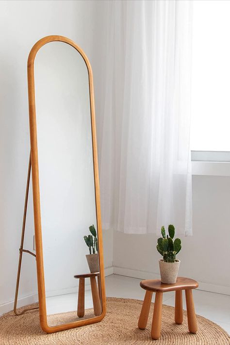 Full Wall Mirrors, Mirror With Stand In Bedroom, Standing Full Length Mirror, Standing Mirror Aesthetic, Full Length Standing Mirror, Modern Boho Full Length Mirror, Diy Full Body Mirror Frame Ideas, Stand Mirror In Bedroom, Tall Mirror Decor