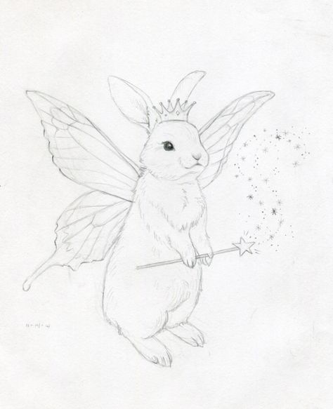 Possum With Fairy Wings, Bunny Fairy Tattoo, Animal Fairy Tattoo, Fairy Rabbit, Dolly Art, Bunny Sketches, Cottagecore Spring, Rabbit Drawing, Bunny Tattoos