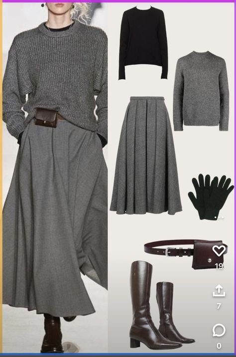 Styling A Midi Skirt In Winter, Midi Grey Skirt Outfit, Grey Midi Skirt Outfit Winter, Grey Sweater And Skirt Outfit, Grey Outfit Combination, How To Style Grey Skirt, Midi Skirt Boots Outfit, Grey Skirt Outfit Winter, Grey Midi Skirt Outfit