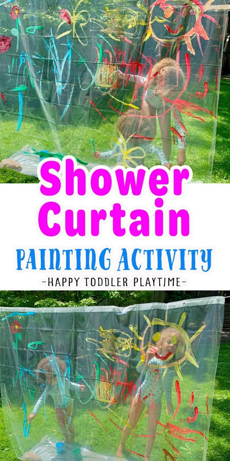 The Best Summer Activity: Shower Curtain Painting - HAPPY TODDLER PLAYTIME Shower Curtain Painting, Curtain Painting, Summer Activities For Toddlers, Happy Toddler, Summer Preschool, Summer Fun For Kids, Outside Activities, Fun Summer Activities, Daycare Activities