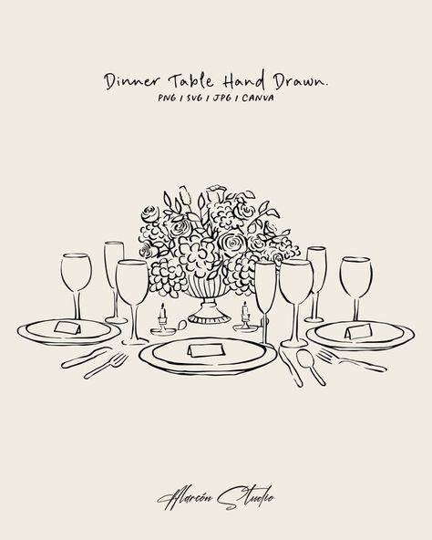 Vintage Party Illustration, Dinner Party Illustration Art, Dinner Illustration Table, Dinner Table Tattoo, Table Setting Illustration, Dinner Party Quotes, Dinner Table Drawing, Dinner Table Illustration, Dinner Doodle