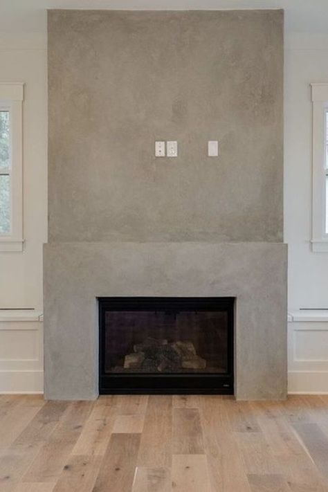 Concrete Finish Fireplace, Concrete Plaster Fireplace, Large Plaster Fireplace, Plaster Look Fireplace, Fireplace Drywall Surround, Cement Board Fireplace, Portola Paints Roman Clay Fireplace, Cement Fireplace With Wood Mantel, Grey Plaster Fireplace