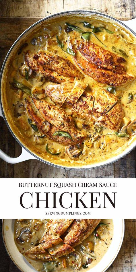 Chicken in Butternut Squash and Mushroom Cream Sauce - Serving Dumplings Butternut Squash Dinner Recipes, Butternut Squash Dinner, Chicken Squash, Mushroom Cream Sauce, Butternut Squash Sauce, Butternut Squash Ravioli, Chicken And Butternut Squash, Butternut Squash Pasta, Winter Foods