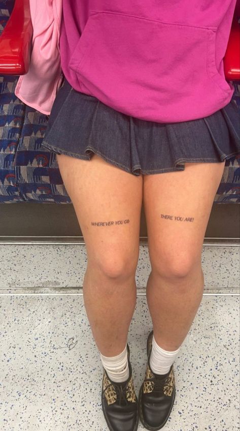 Words On Legs Tattoo, Above Knee Word Tattoos Women, Words Over Knee Tattoo, Script Tattoo Above Knee, Script Knee Tattoo, Above Knee Script Tattoo, Knee Writing Tattoo, Leg Text Tattoo, Knee Text Tattoo