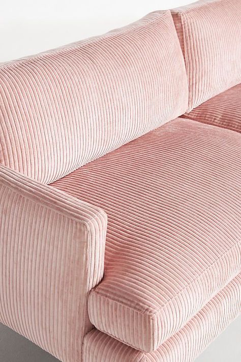 Pink Chair Aesthetic, Pink Sofa Aesthetic, Corduroy Sofa Living Room, Sofa Core, Pink Home Aesthetic, Pink Couches, Cottage Core Office, Pink Sofa Living Room, Velvet Couch Living Room