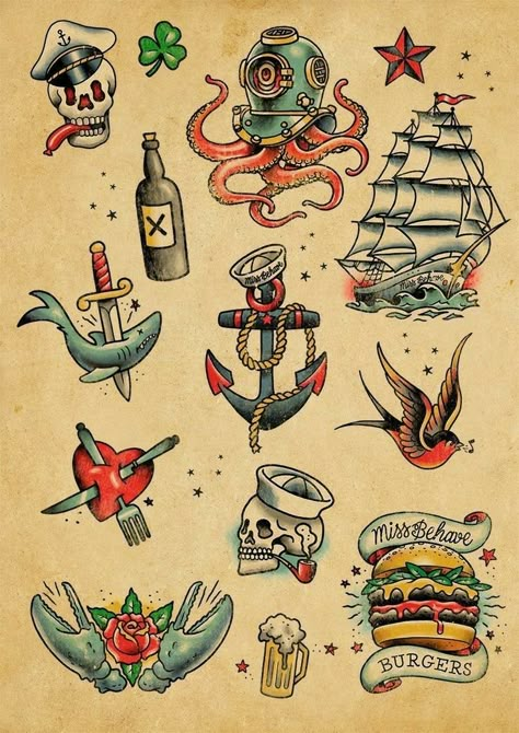 Nautical Tattoo Flash, Traditional Nautical Tattoo, Nautical Tattoo Sleeve, Sailor Jerry Tattoo Flash, Traditional Tattoo Drawings, Tato Flash, Jerry Tattoo, Tato Tradisional, Traditional Black Tattoo