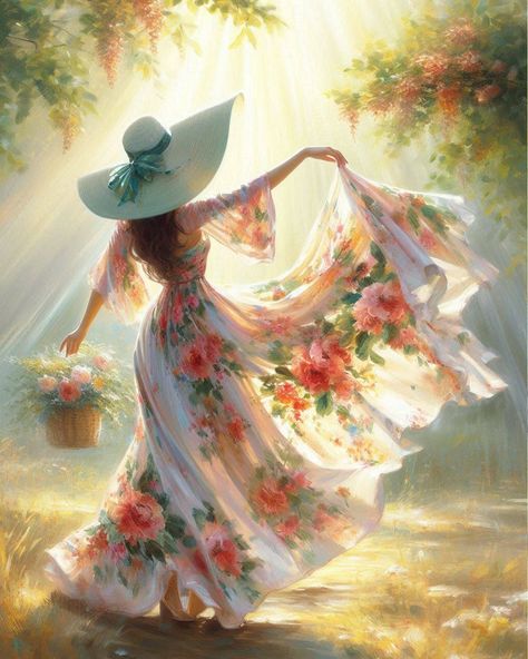 🌸🎨 Dancing in the Sunlight 🎨🌸 Step into a world of elegance and tranquility with this stunning AI-generated art piece, inspired by Japanese oil painting. A woman dances gracefully in a sunlit garden, her floral flowing dress and wide-brimmed hat capturing the essence of serenity and joy. The delicate brushstrokes and vibrant colors bring this moment of pure bliss to life, inviting you to lose yourself in its beauty. Let this enchanting scene remind you of the simple pleasures and the beauty... Sewing Artwork, Graceful Woman, Hat Painting, African Figurines, Colorful Floral Art, Dancing Woman, Dancing Art, Flowing Dress, Brimmed Hat