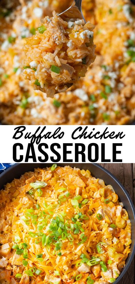 One-Pan Buffalo Chicken Casserole – A zesty skillet chicken recipe loaded with cheesy rice, buffalo sauce, and blue cheese! Meal Prep Ideas Buffalo Chicken, One Pan Cheesy Buffalo Chicken Rice, One Pan Buffalo Chicken And Rice, Buffalo Casserole Recipes, Buffalo Rice Bowl, Buffalo Rice Recipe, Buffalo Chicken Blue Cheese Casserole, Loaded Buffalo Chicken Casserole, Jalapeño Buffalo Chicken Casserole