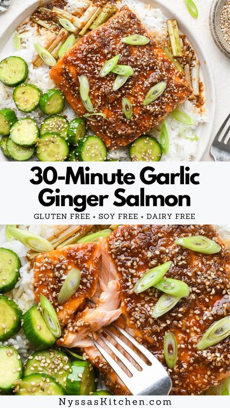 This 30-minute garlic ginger glazed salmon is the new easy salmon recipe you need in your weekly meal rotation! It comes together quickly (no marinade time!) and is made with just a handful of pantry staples. The recipe makes two servings but can easily be doubled to serve four. Gluten free, soy free, and naturally sweetened with a bit of honey! Soy Free Salmon Recipe, Garlic Ginger Salmon, Salmon Recipes Ginger, Salmon Recipes Gluten Free Dairy Free, Aip Salmon Recipes, Ginger Salmon Recipes, Gluten Free Pescatarian Recipes, Ginger Salmon Marinade, Salmon Asian Recipes