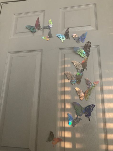 Sparkly butterflies shimmery reflective butterflies stick on stick onto door door decoration temporary decoration temporary door decoration cute door decoration pretty door decoration aesthetic door decoration teenage decoration room makeover How To Decorate Door, Door Aesthetic Decor, Bedroom Door Ideas Aesthetic, Closet Door Decoration Ideas Aesthetic, Closet Door Ideas Aesthetic, Diy Bedroom Door Decor, Decorated Bedroom Door, Closet Door Decoration Ideas, Aesthetic Door Ideas