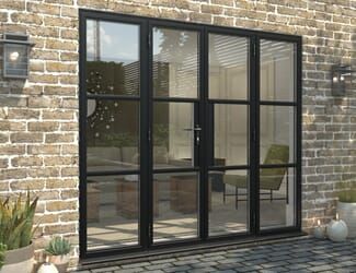 Patio Doors | French, Bifold & Sliding Glass Patio Doors Black Crittal Patio Doors, Black Frame Patio Doors, Black Sliding Glass Door Patio, Black Metal French Doors, Black Aluminium Doors, Black Bifold Doors, Black Patio Doors, Modern French Doors, Patio Doors French