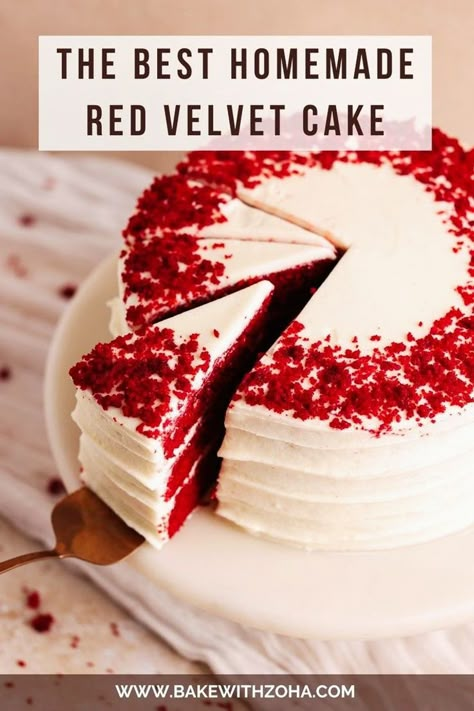 If you’re looking for the perfect red velvet cake recipe, this 3-layer version is for you. Made from scratch with a simple, easy process, this cake is topped with a silky, luscious cream cheese frosting, it's the perfect cake for birthdays or holiday celebrations like Christmas or Valentine's Day. Get the recipe at bakewithzoha.com! Cooked Icing For Red Velvet Cake, Homemade Red Velvet Cake Recipe Moist, Red Velvet Cake With Coffee In It, Semi Homemade Red Velvet Cake, Traditional Red Velvet Cake Recipe, Valentine Cake Recipe, 6 Inch Red Velvet Cake Recipe, Red Velvet Cake No Buttermilk, Red Velvet From Scratch