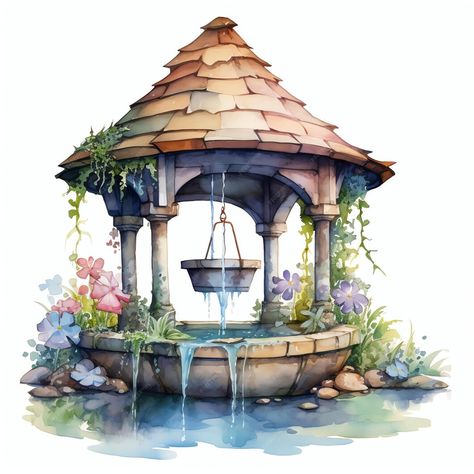 Premium AI Image | Wishing Well Toothfairy Fairytale world watercolor Fairy Wishing Well, Wishing Well Painting, Wishing Well Drawing, Wishing Well Tattoo, Wishing Well Art, Wishing Well Ideas, Well Illustration, Fairy Well, Fantasy Quilt