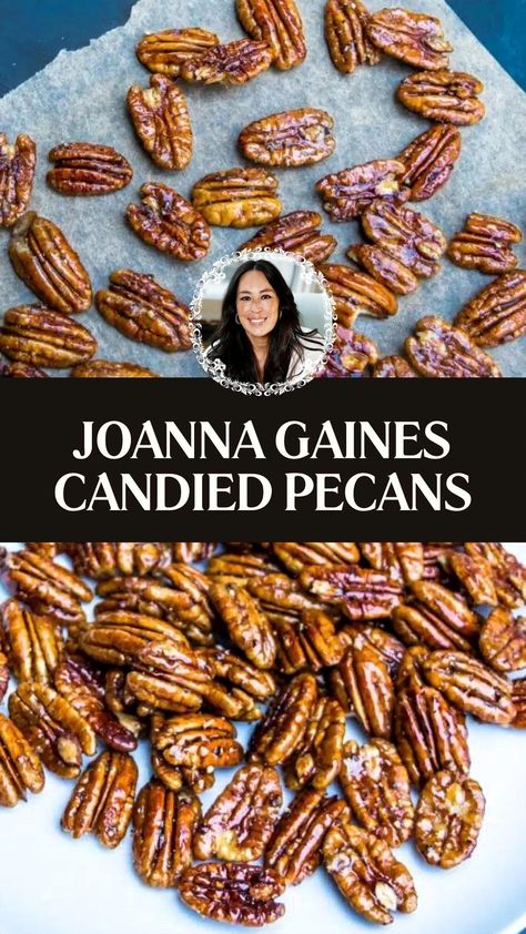 Indulge in the perfect blend of sweetness and crunch with Joanna Gaines' irresistible pecans recipe. These delightful treats are ideal for snacking, topping your favorite salads, or adding a special touch to your holiday desserts. Easy to make and impossible to resist, this recipe brings a touch of homemade goodness to any occasion. Enjoy the comforting flavors and satisfying texture that make these pecans a must-try for every nut lover. Joanna Gaines Holiday Candy, Sugared Pecans For Salad, Pioneer Woman Candied Pecans, Candied Pecans Salad, Sugared Nuts Candied Pecans, Joanna Gaines Recipes Appetizers, Glazed Pecans For Salad, Carmelized Pecans Oven, Caramelized Pecans Recipe