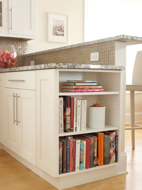 I want open shelves at one end of island to display cookbooks Small Kitchen Bookshelf Ideas, Shelves At End Of Kitchen Island, Kitchen Half Island Ideas, Kitchen Counter End Ideas, Bookshelf In Kitchen Island, Open Shelves End Of Cabinets, Shelf At End Of Island, Half Island Kitchen, Kitchen Peninsula Bookshelf