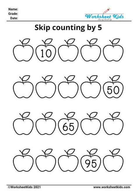 practice worksheets on Skip counting by 5 for kindergarten grade 1 grade 2 grade 3 Grade 2 Math Worksheets, Skip Counting Kindergarten, Skip Counting By 5, 3rd Grade Worksheets, Skip Counting Worksheets, Skip Counting By 2, Third Grade Worksheets, Counting By 10, Counting By 5's