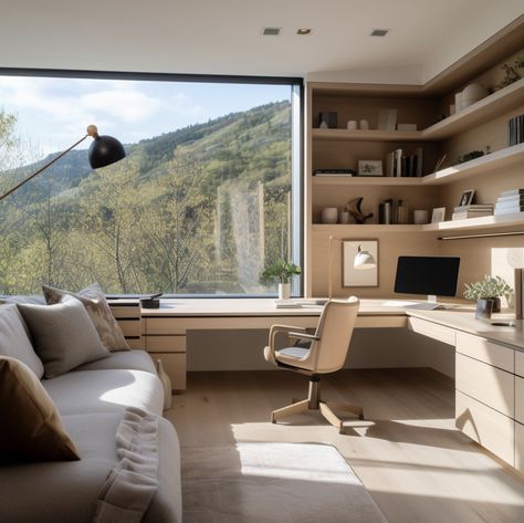 Study Room With Couch, Office With Floor To Ceiling Windows, Muji Home Office, Home Office Corner Window, Minimalistic Office Space, Office With Large Windows, Home Office With View, Scandinavian Home Office Ideas, Contemporary Study Room Design