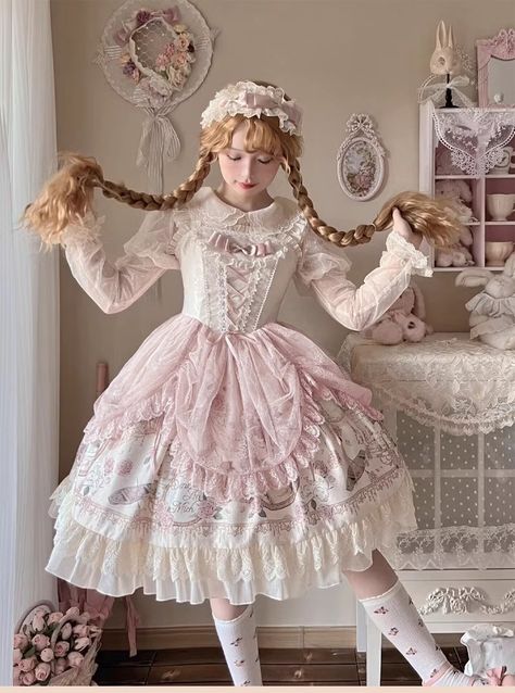 Rose Prologue Print Ruffle Hanayome Bowknot Sweet Elegant Gorgeous Lolita Jsk Dress #lolita #lolitadress #lolitafashion Elegant Vintage Dresses, Cute Jumpers, Lolita Outfits, Jumper Skirt, Uniform Fashion, Sweet Lolita, Lolita Dress, Gothic Lolita, Lolita Fashion