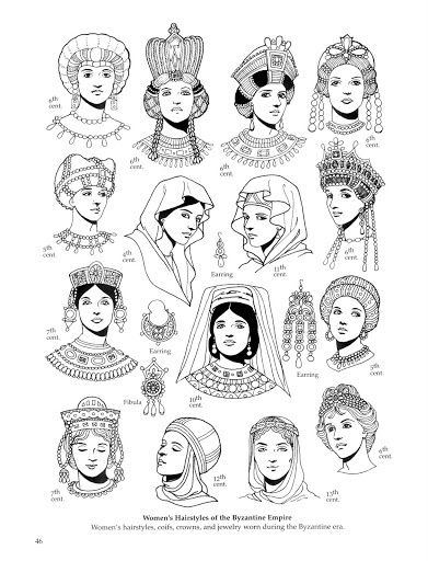 Common Byzantine women hairstyles/ headdresses. You can see the trend of pulled back hair topped with an bejeweled headdress. Byzantine Fashion, Fashion Coloring Book, Eastern Roman, Byzantine Empire, Byzantine Art, Medieval Clothing, Medieval Fashion, High Fantasy, Historical Costume