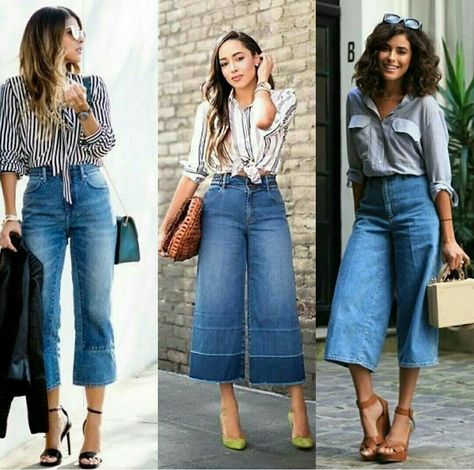 Hispanic Style Outfits, Culottes Jeans Outfit, Culotte Jeans Outfit, Gaucho Pants Outfit, Denim Culottes Outfits, Coulottes Outfit, How To Wear Culottes, Cropped Jeans Outfit, Wide Leg Outfit