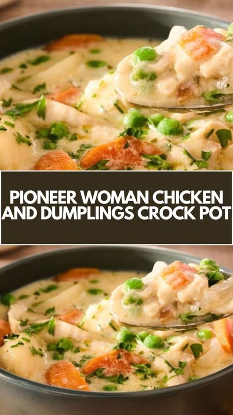 This easy Pioneer Woman Chicken and Dumplings recipe is a creamy and comforting meal that cooks effortlessly in a slow cooker. Perfect for busy weeknights, you can easily adapt it with common ingredients you have on hand. Enjoy tender chicken and fluffy dumplings in every delicious bite!  This Chicken And Dumplings Crock Pot Is From Cook And Share Cookbook by Mary Berry Crockpot Chicken And Dumplings Rotisserie, Slow Cook Chicken And Dumplings, Crock Pot Pioneer Woman, Chicken Dumplings Crockpot Easy, Chicken Dumplings Recipe Crockpot, Chicken N Dumplings Recipe Crock Pots, Paula Dean Chicken N Dumplings, Chicken A Dumplings, Slow Cooker Chicken And Dumplings Recipe