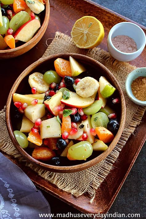 Fruit Chaat | Indian Fruit Salad - Madhu's Everyday Indian Indian Chaat Recipes, Fruit Chat, Chaat Indian, Fruit Chaat Recipe, Fruit Chaat, Indian Chaat, Chat Masala, Assorted Fruits, Indian Salads