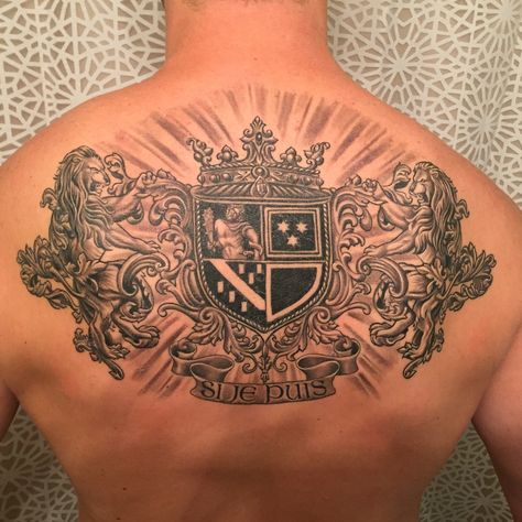 Family Crest Tattoo Ideas, Royal Tattoo Men, Crest Tattoo Men, Tattoo Back Women, Coat Of Arms Tattoo, Family Crest Tattoo, Mother Mary Tattoos, Symbol For Family Tattoo, Crest Tattoo