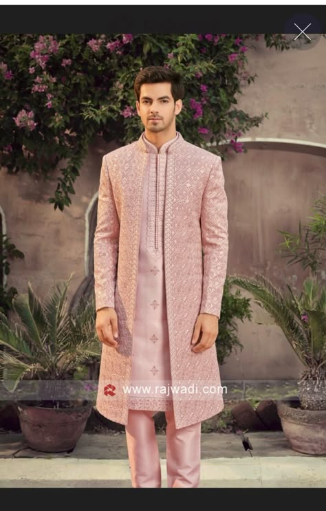 Mens Wedding Wear Indian Pink, Groom Designer Outfit, Sherwani Jacket For Men, Peach Colour Sherwani For Groom, Man Sherwani Wedding Dresses, Sherwani Ideas For Men, Sagai Outfit Indian Weddings For Men, Men's Sherwani Wedding, Reception Sherwani For Groom