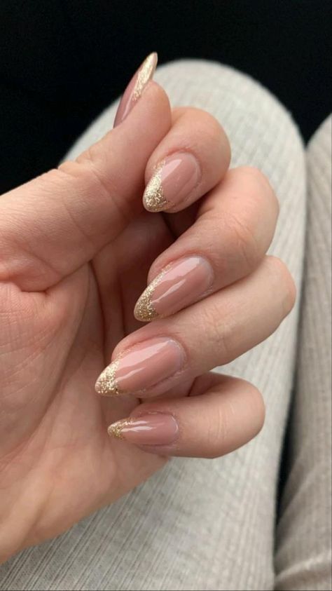 Glitter Gold Nails Ideas, Prom Glitter Nails, Gold Sparkle French Tip Nails Almond, Glitter Gold Tip Nails, Sparkly Gold Tip Nails, Nude Nails Gold Glitter, Nails 2024 Wedding, Nail Inspo Gold Glitter, Nails To Match Brown Dress