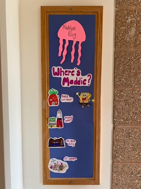 Spongebob Dorm Theme, Spongebob Ra Board, Spongebob Door Decorations, Spongebob Door Decs, Spongebob Classroom Theme, Ra Floor Themes Ideas, Where Is My Ra, Spongebob Classroom, Dorm Theme Ideas