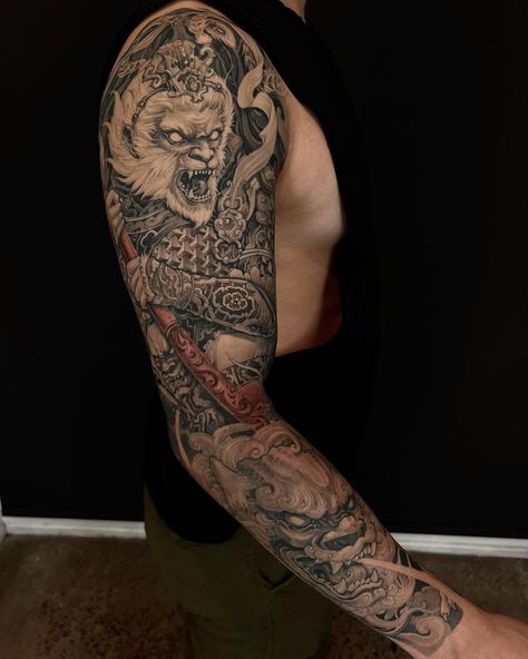 Mongol Warrior Tattoo, Japanese Dragon Sleeve Tattoos, Chinese Tattoo Symbols On Arm, Monkey Tattoo Sleeve, Wukong Tattoo, Monkey King Tattoo, Wukong Tattoo Design Arm, Japanese Monkey Tattoo, Monkey King Full Back Tattoo